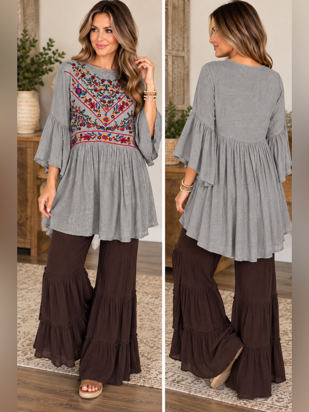 Umgee USA Floral Embroidered Boho Tunic Bell Sleeve Small